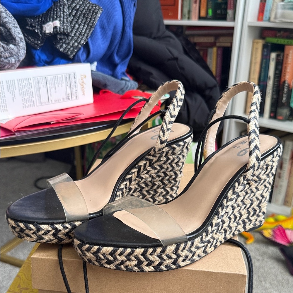 Woven Espadrille Wedge Sandals with Clear Strap - Black/Natural